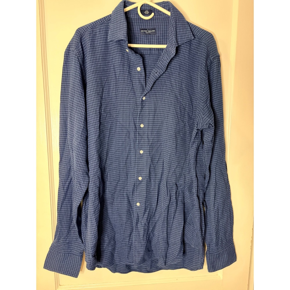 Peter Millar Collection Mens Large Blue Micro Check Cotton Button Down Shirt